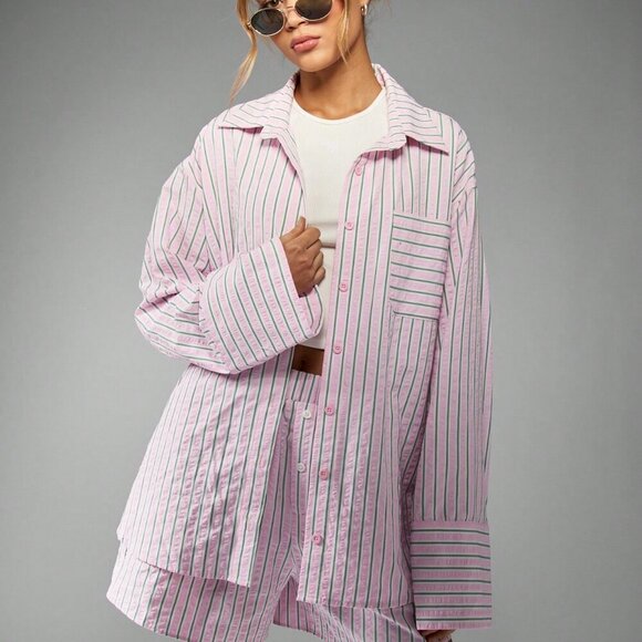 Pink Casual Women's Striped Loungewear Button down top & shorts Coord set - Picture 4 of 6